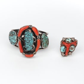 Zuni, Cuff Bracelet + Ring with Turquoise and Coral Cabochons