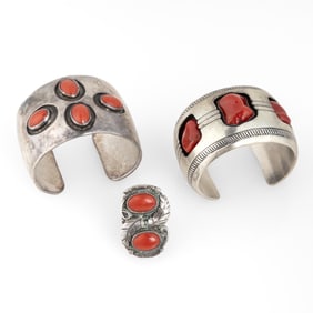 Tom Burnside et al, Two Shadow Box Coral Cuff Bracelets with Matching Ring, ca. 1965