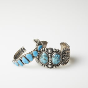 John Begay Jr. et al, Two Turquoise and Silver Cuff Bracelets, ca. 1985