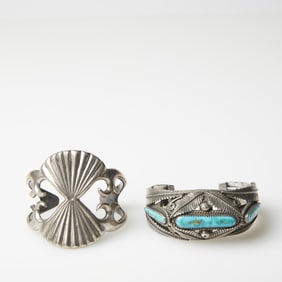 Glen Adakai et al, Two Cuffs: Stamped Silver with Turquoise Cabochons, ca. 1995 + Sandcast Silver
