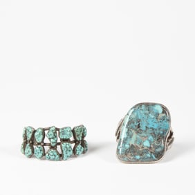 Attributed Diné (Navajo), Two Turquoise Cuff Bracelets, ca. 1975 + ca. 1965