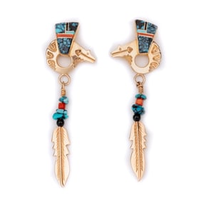 Ervin Hoskie, Gold Bear Post Dangle Earrings with Mixed Stone Inlay