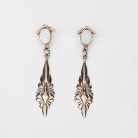 Southwest Style, possibly Diné (Navajo), Gold Earrings with Opal Cabochon and Drop Post, ca. 1990