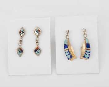Diné (Navajo), Two Pairs of Post Earrings with Mixed Stone Inlay, ca. 1990
