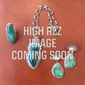 Attributed to [Esther] [Wood], Suite of Turquoise and Silver Jewelry Items: Earrings + Ring +