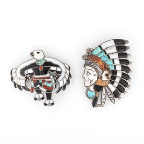 Zuni, Two Inlay Pins: Eagle, ca. 1960 + Chief, ca. 1950