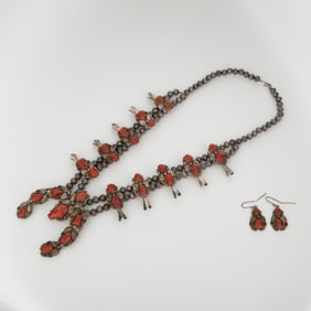 Joaquin ‘Chavez' Villalobos, Coral and Silver Squash Blossom Necklace with Matching Earrings, ca.
