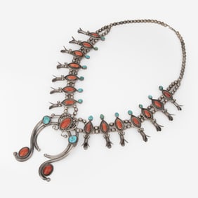 Attributed Diné (Navajo), Silver, Turquoise, and Coral Squash Blossom Necklace, ca. 1995
