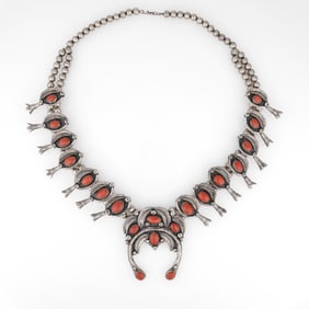 Attributed Diné (Navajo), Coral and Silver Squash Blossom Necklace, ca. 1970