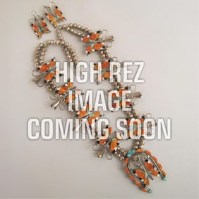 Attributed Diné (Navajo), Butterfly Squash Blossom Necklace and Earrings Set with Inlaid Mixed