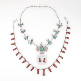 George Tenorio + Fannie Chavez, Two Link Necklaces: Sandcast Silver with Turquoise + Coral Cabochon