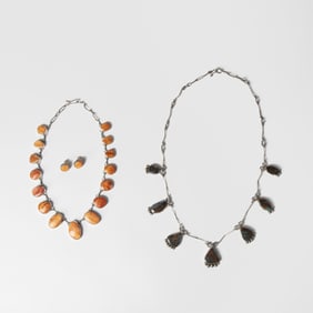 Fannie Chavez, Two Sterling Link Necklaces: Spiny Oyster with Matching Earrings + Turquoise