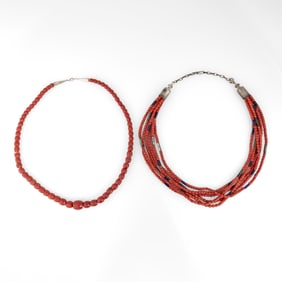 Kewa (Santo Domingo) + Southwest Style, Two Coral Beaded Necklaces