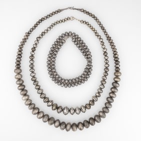 Attributed Diné (Navajo), Three Silver Bead Necklaces with Stamped Designs, ca. 1980 - 1990