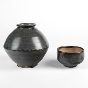 Warren Mackenzie, Two Pottery Items: Blue Vase + Two-Toned Bowl