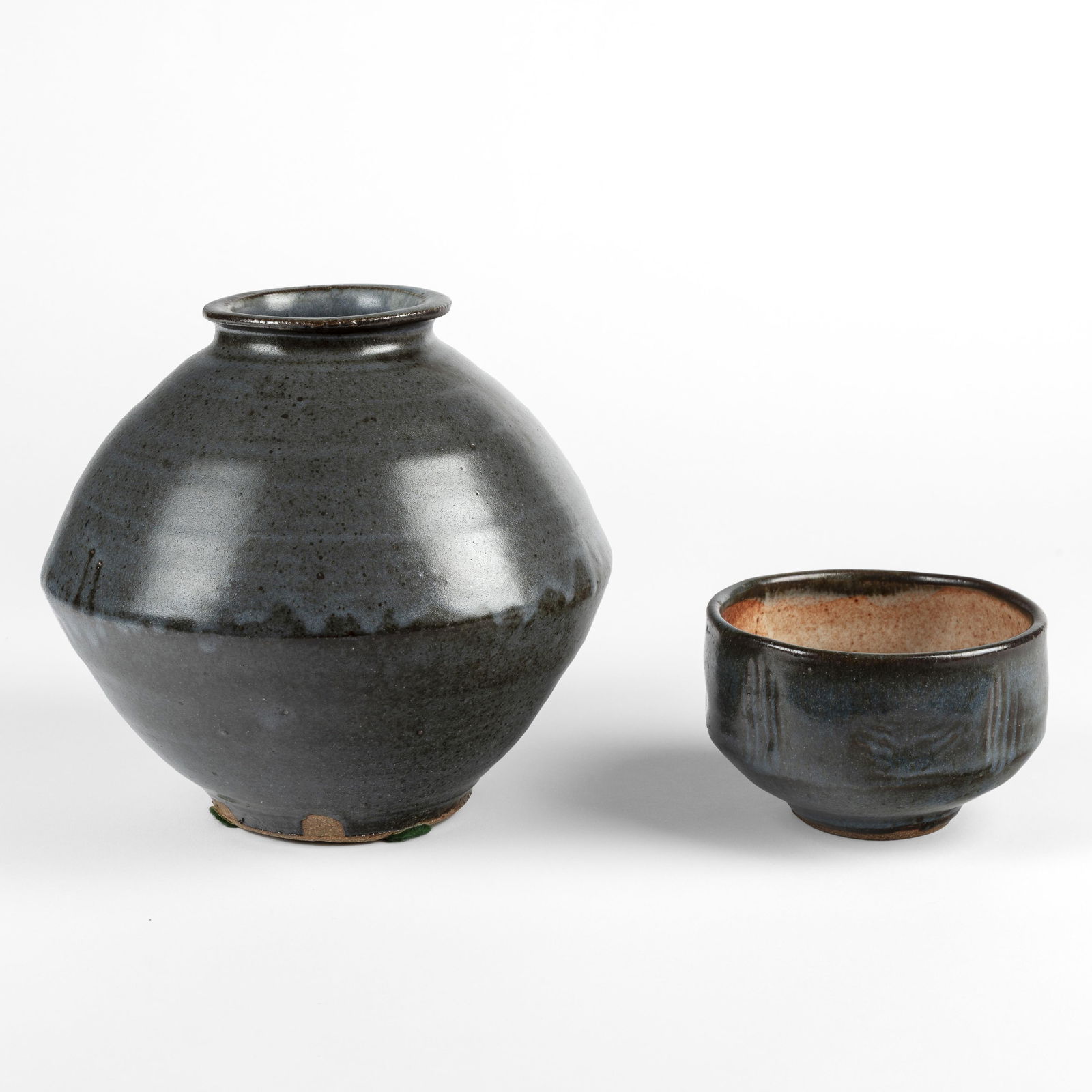 Warren Mackenzie, Two Pottery Items: Blue Vase + Two-Toned Bowl