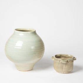 Warren Mackenzie, Two Ceramic Works: Cream Glossy Vase + Handled Bowl
