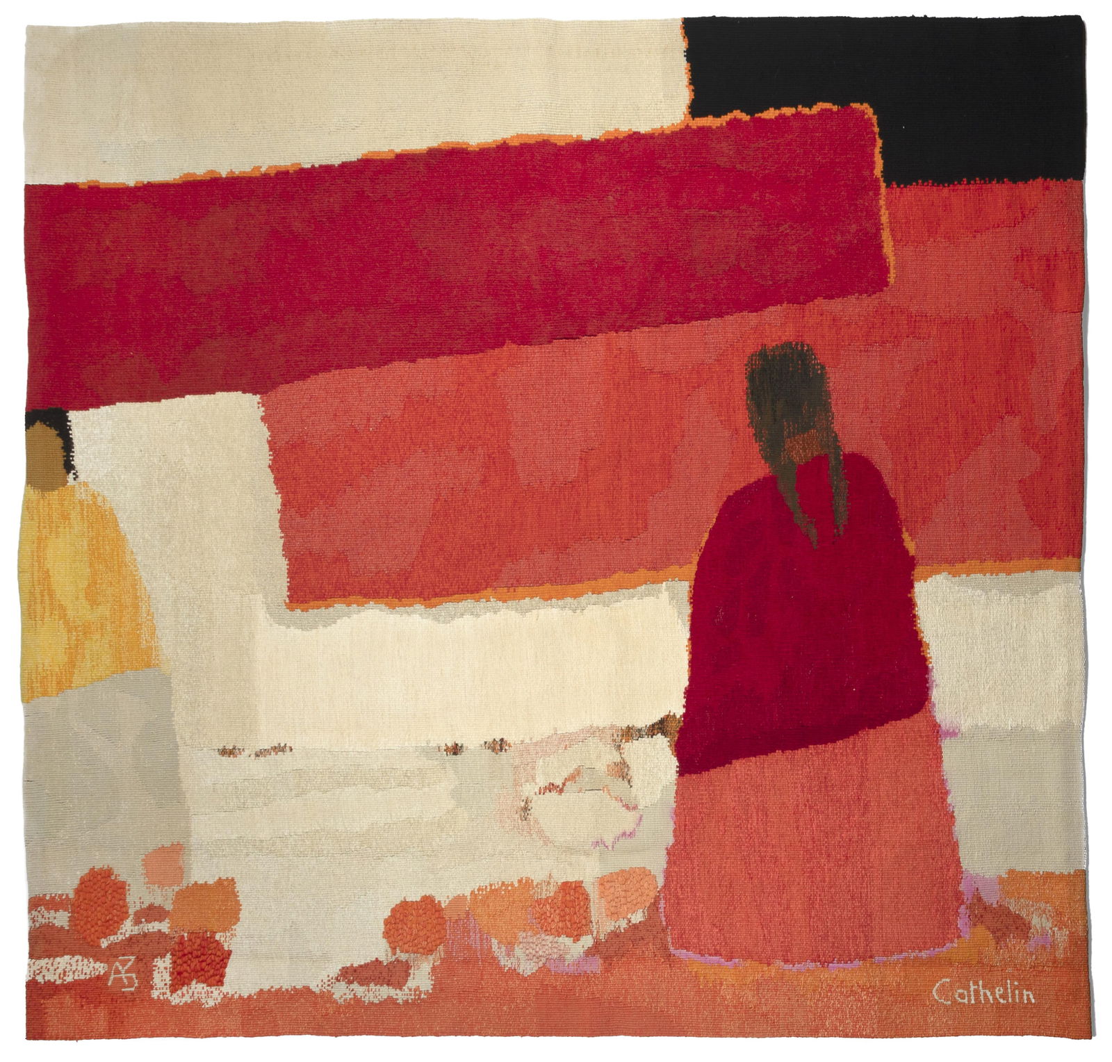 Bernard Cathelin, Les Deux Indiennes, ca. 1970: Bernard CathelinFrench, 1919 - 2004Les Deux Indiennes, ca. 1970tapestrysigned lower right: Cathelinsigned verso: Cathelin84 x 84 in. (213.4 x 213.4 cm.) Private Collection, Texas