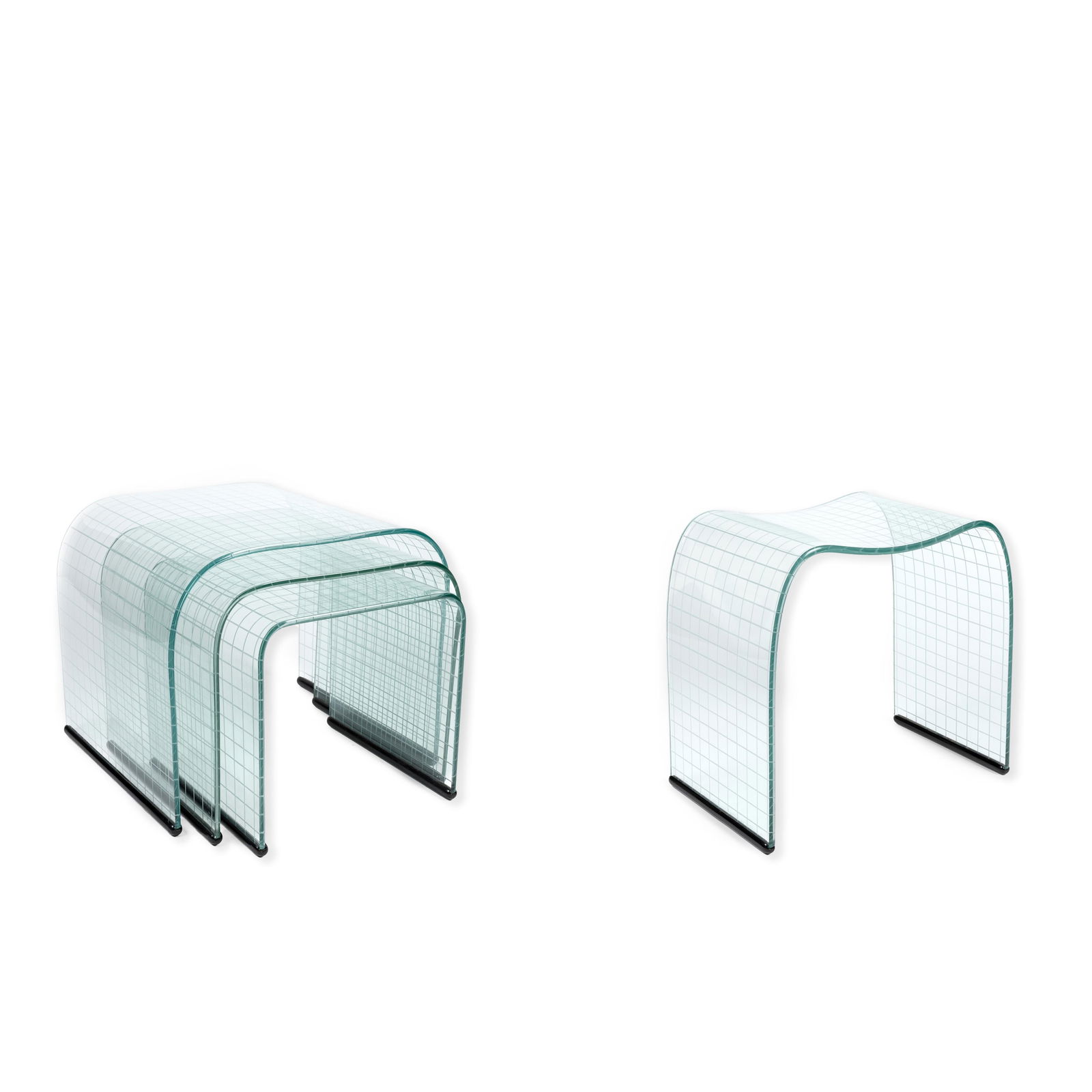Angelo Cortesi, Set of Etched Waterfall Nesting Tables + Onda Incisa Glass Stool, ca. 1985 (1 of 7)