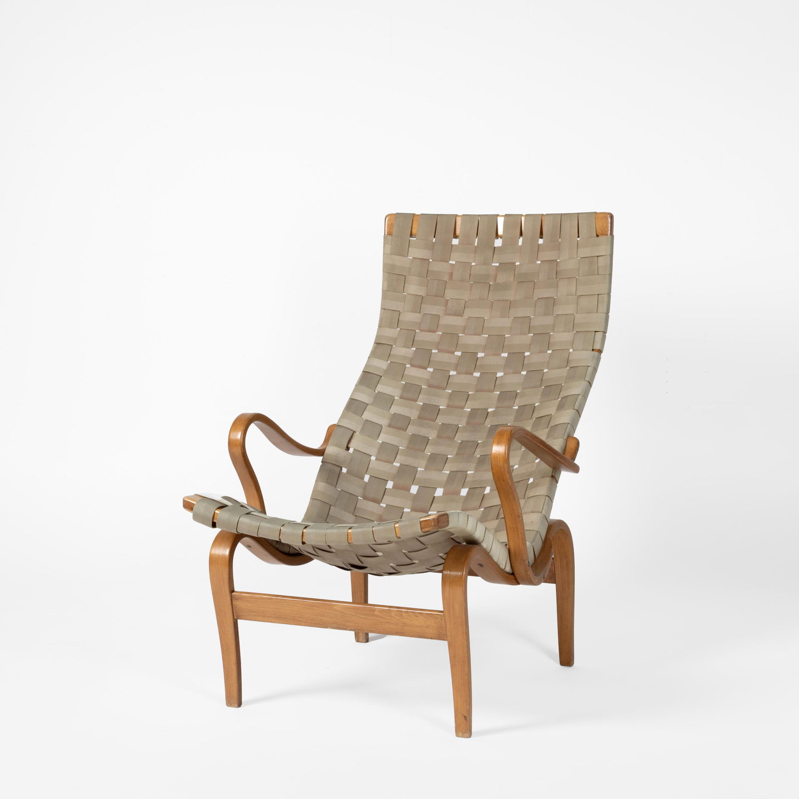 Karl Mathsson + Bruno Matthsson M?bler, Vintage Lounge Chair, ca. 1945: Karl Mathsson + Bruno Matthsson M?blerSwedish, 1835 - 1918 + 1907 - 1988Vintage Lounge Chair, ca. 1945wooden frame, strappinglabel inscribed: Bruno / MATHSSON / M?blerlabel inscribed: Bruno / MATHSSON