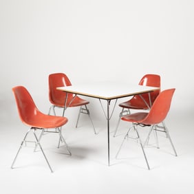 Herman Miller + Charles Eames, DTM Folding Table with Four Fiberglass Stacking Chairs
