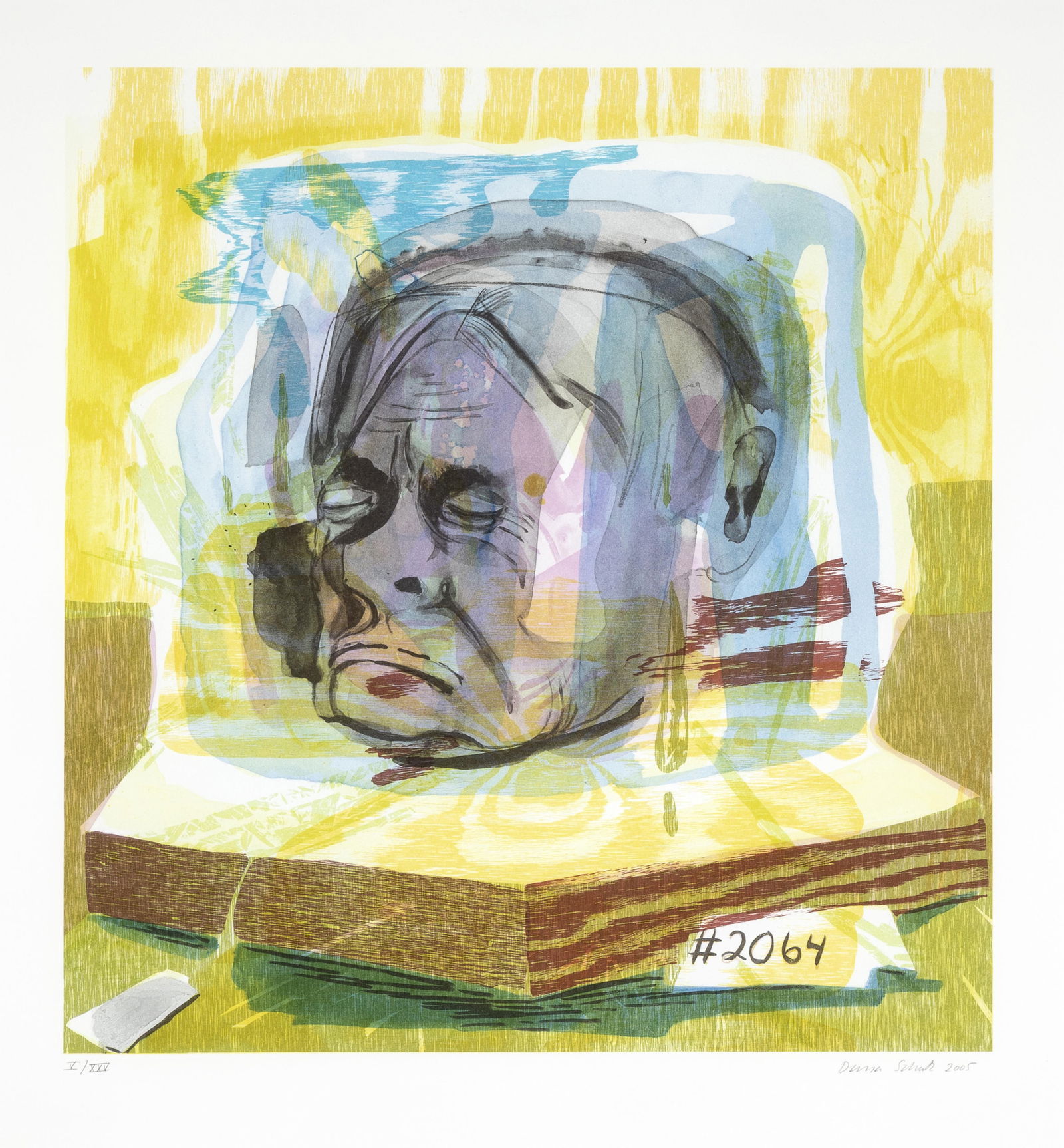 Dana Schutz, Untitled (#2064), 2005: Dana Schutzb. 1976Untitled (#2064), 2005print, edition 5 of 25editioned lower left: V/XXVsigned and dated lower right: Dana Schutz 200523 3/4 x 22 1/2 in. (60.3 x 57.2 cm.), sheet: 28 1/2 x 26 1/2 in.