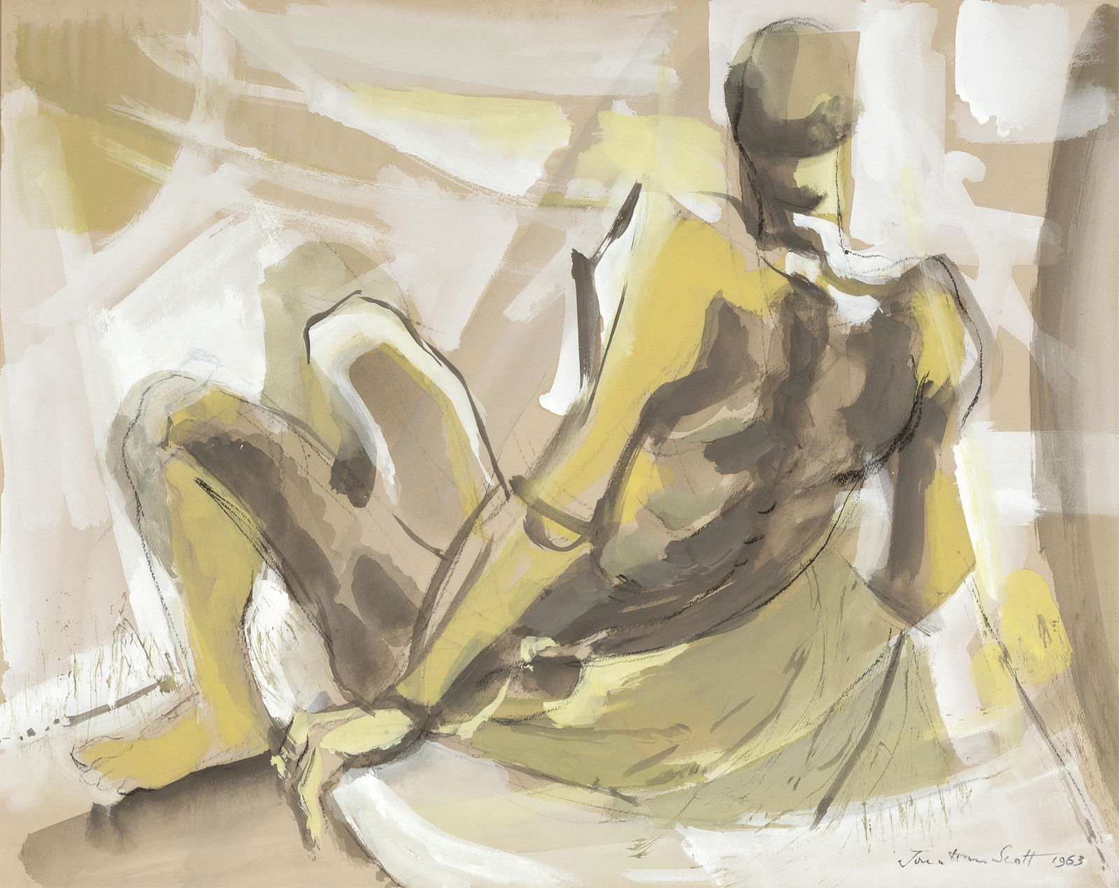 Jonathan Hartley Folliott Scott, Man Alerted II, 1963: Jonathan Hartley Folliott Scott1914 - 1995Man Alerted II, 1963casein on papersigned and dated lower right: Jonathan Scott 1963inscribed verso: "MAN ALERTED #II / Jonathan Scott19 1/2 x 25 3/8 in. (49.