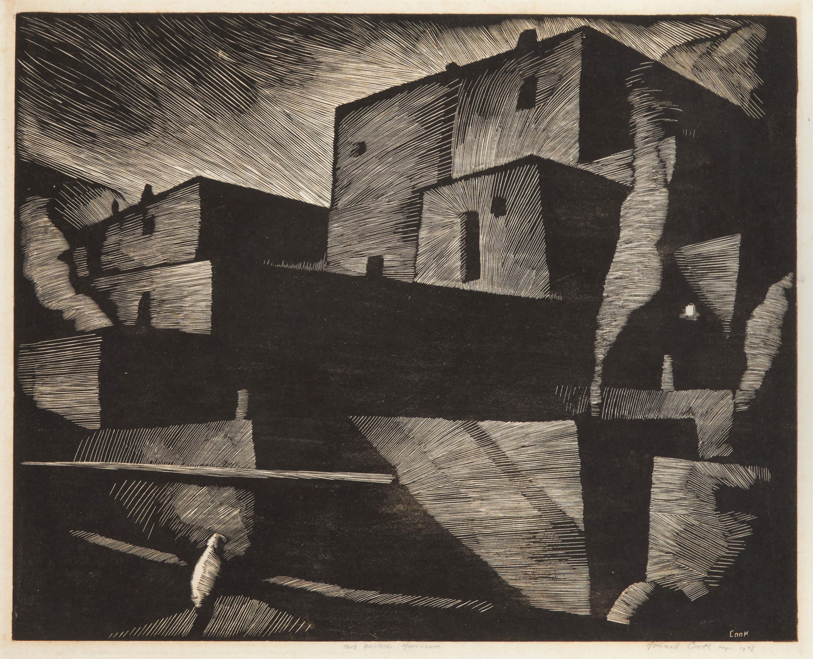 Howard Norton Cook, Taos Pueblo, Moonlight, 1928: Howard Norton Cook1901 - 1980Taos Pueblo, Moonlight, 1928woodcuttitled lower center: Taos Pueblo Moonlightsigned and dated lower right: Howard Cook imp. 192812 x 15 in. (30.5 x 38.1 cm.), sheet: 13 3/