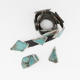 Attributed Diné (Navajo), Set of Three Jewelry Items with Geometric Cabochons: Concho Belt + Cuff