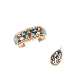Wayne + Virginia Quam, Inlay Jewelry Set with Gold Cuff Bracelet + Pendant, ca. 1985