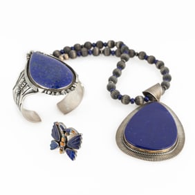 Various Artists, Set of Three Jewelry Items: Lapis Necklace + Cuff Bracelet + Butterfly Ring