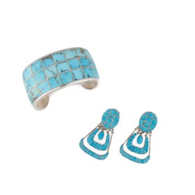 Federico Jimenez, Turquoise Cuff Bracelet + Earrings Set