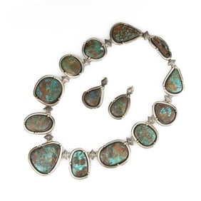 Esther Wood, Silver Necklace + Earrings Set with Turquoise Cabochons, ca. 1997
