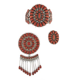 Alice Quam, Coral Cluster Jewelry Set: Pendant + Cuff Bracelet + Ring