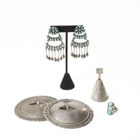 Zuni + Diné (Navajo), Group of Five Silver Works, ca. 1890 - 1940