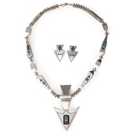 Alvin Begay, Mixed Stone Jewelry Set with Arrow Necklace + Earrings, ca. 2000