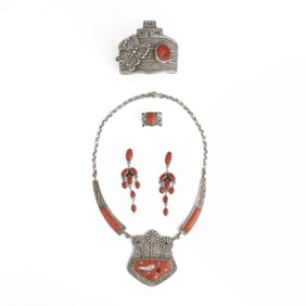 Various Artists, Sandcast Silver and Coral Set: Necklace + Cuff Bracelet + Drop Earrings + Ring
