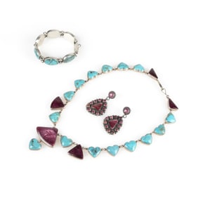 Various Artists, Turquoise and Spiny Oyster Set of Three: Necklace + Bracelet + Cluster Earrings