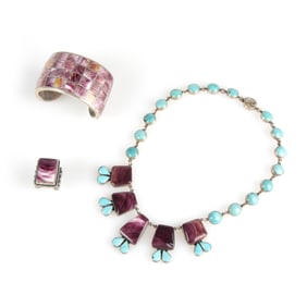 Various Artists, Set of Three Jewelry Works: Purple Spiny Oyster and Turquoise Necklace + Cuff