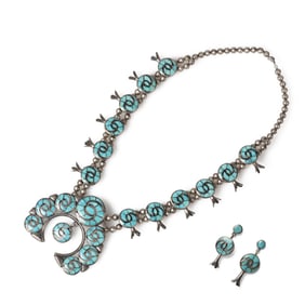 Annie Quam Gaspar, Inlaid Turquoise Squash Blossom Necklace + Earrings Set, ca. 1965