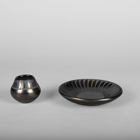 Maria Martinez + Popovi Da, Pair of Blackware Pottery Items with Gunmetal Finish