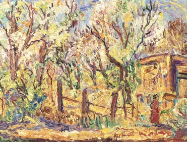 Alfred Gwynne Morang, Untitled (Figure with Barn and Trees), 1955