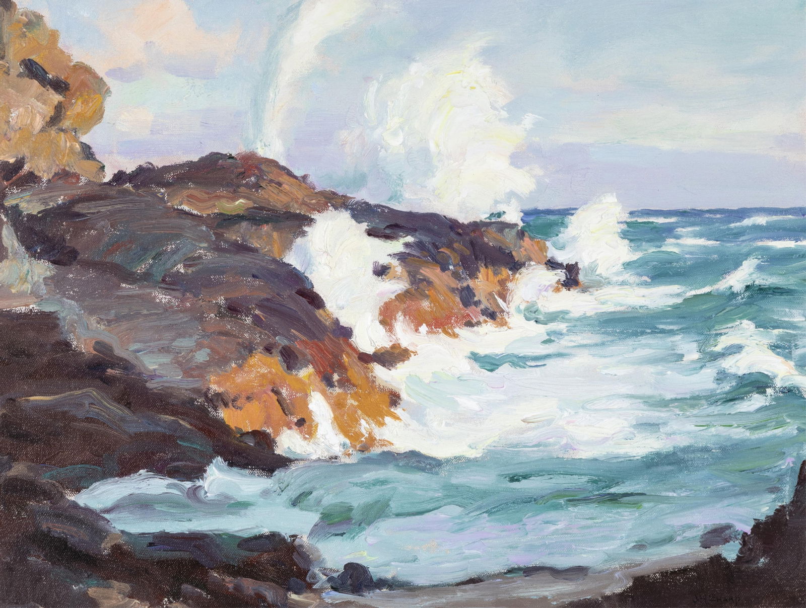 Joseph Henry Sharp, California Waves and Splashes: Joseph Henry Sharp1859 - 1953California Waves and Splashesoil on canvassigned lower right: JH SHARP14 x 18 1/2 in. (35.6 x 47 cm.), frame: 19 x 23 1/2 x 1 in. (48.3 x 59.7 x 2.5 cm.) The Artist'