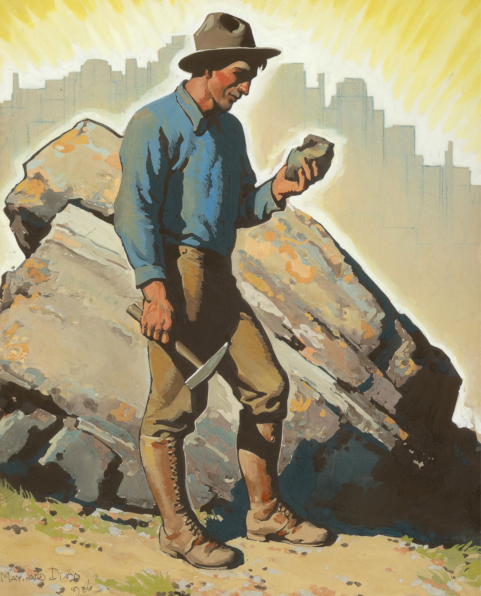 Maynard Dixon, Gold Rush, 1936: Maynard Dixon1875 - 1946Gold Rush, 1936gouache, pastel on paperboardsigned and dated lower left: MAYNARD DiXON / 193622 1/2 x 18 1/4 in. (57.2 x 46.4 cm.), frame: 31 1/8 x 26 3/4 x 1 1/8 in. (79.1 x 6