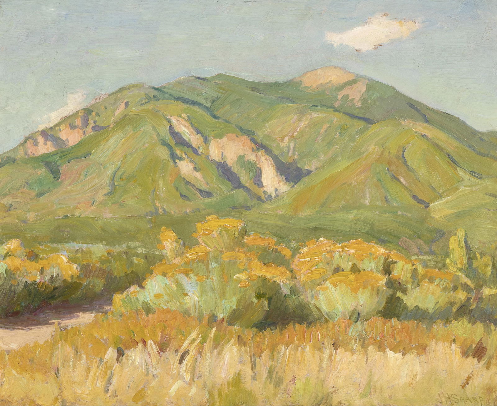 Joseph Henry Sharp, Taos Mountain and Rabbit Brush: Joseph Henry Sharp1859 - 1953Taos Mountain and Rabbit Brushoil on boardsigned lower right: JH SHARPinscribed verso: TAOS MOUNTAIN / AND RABBIT BRUSH - / BY J.H. SHARP.15 x 18 1/2 in. (38.1 x 47 cm.),