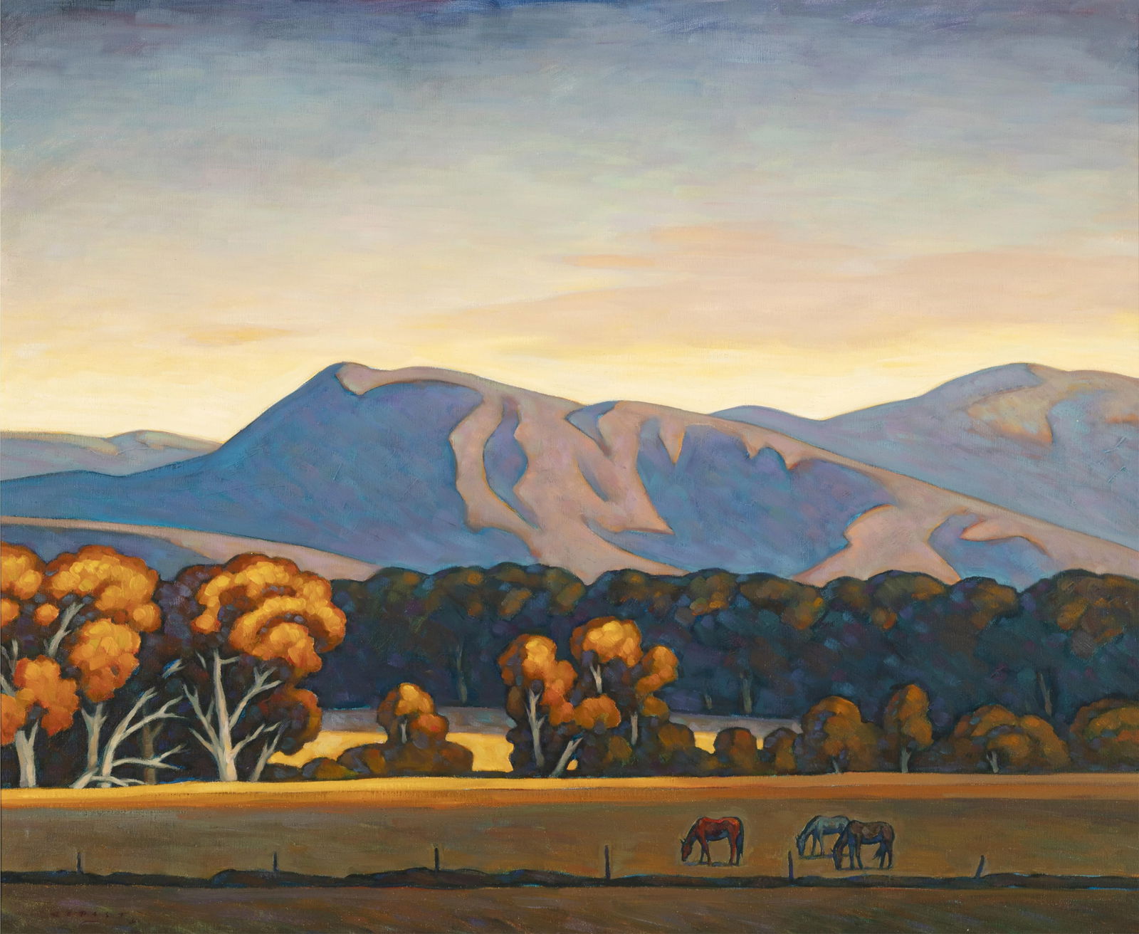 Howard Post, Untitled (Horses Grazing): Howard Postb. 1948Untitled (Horses Grazing)oil on canvassigned lower left: H E POST36 x 44 in. (91.4 x 111.8 cm.), frame: 43 5/8 x 51 1/2 x 2 1/4 in. (110.8 x 130.8 x 5.7 cm.) Private Collection