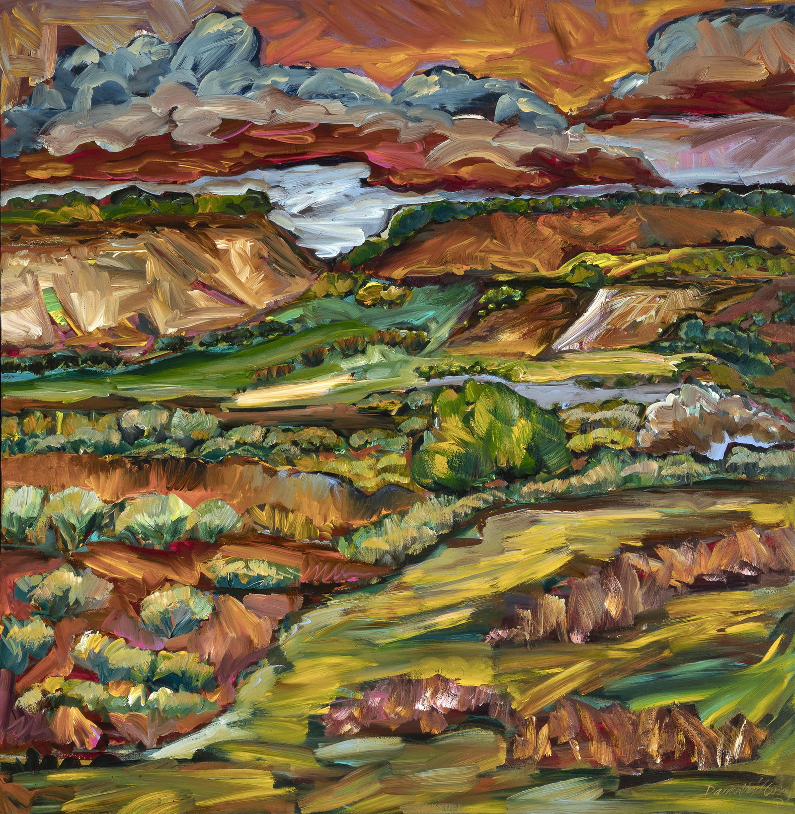 Darren Vigil Gray, Untitled (Landscape): Darren Vigil GrayJicarilla Apache, b. 1959Untitled (Landscape)oil on canvassigned lower right: Darren Vigil Grayinscribed verso: *36 x 36 in. (91.4 x 91.4 cm.), frame: 37 7/8 x 37 7/8 x 2 1/4 in. (96.