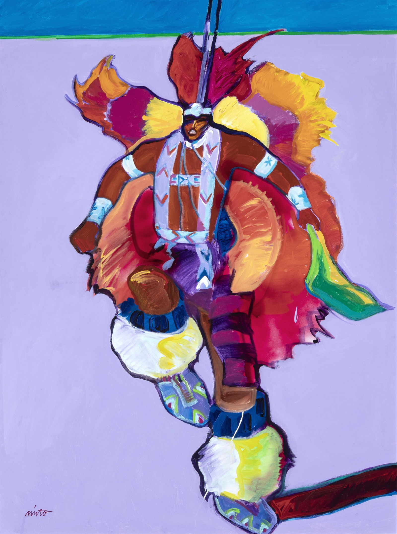 John Nieto, Oklahoma Fancy Dancer: John Nieto1936 - 2018Oklahoma Fancy Danceracrylic on canvassigned lower left: nietoinscribed verso: "OKLAHOMA FANCY DANCER" © nieto39 1/2 x 29 1/2 in. (100.3 x 74.9 cm.), frame: 41 5/8 x 31 3/4 x 1 1