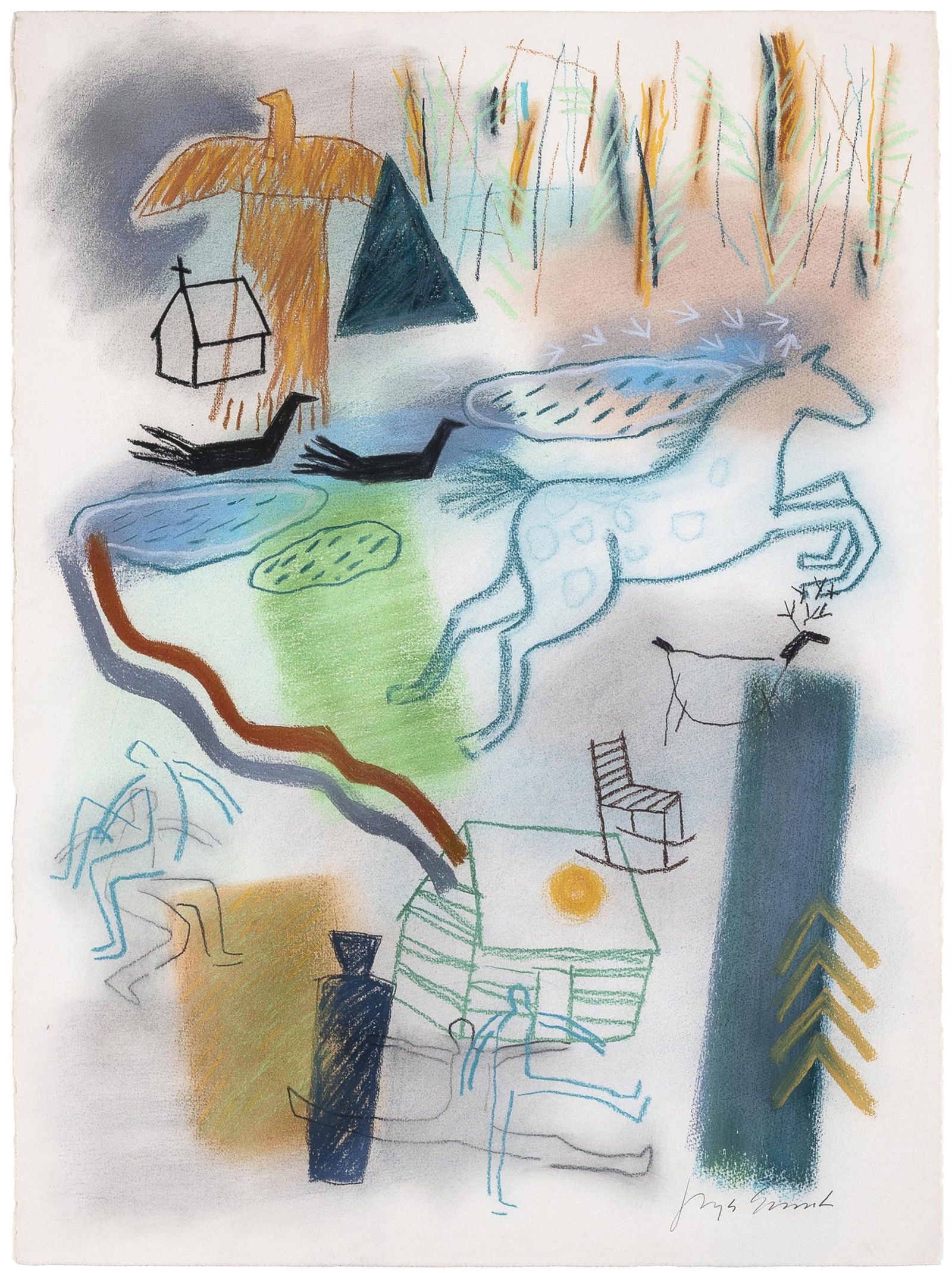 Jaune Quick-to-See Smith, Untitled (from the Kalispell Series), ca. 1978-80: Jaune Quick-to-See SmithFrench-Cree / Shoshone / Salish, 1940 - 2025Untitled (from the Kalispell Series), ca. 1978-80pastel on papersigned lower right: jqs Smith35 7/8 x 28 x 1 3/8 in. (91.1 x 71.1 x