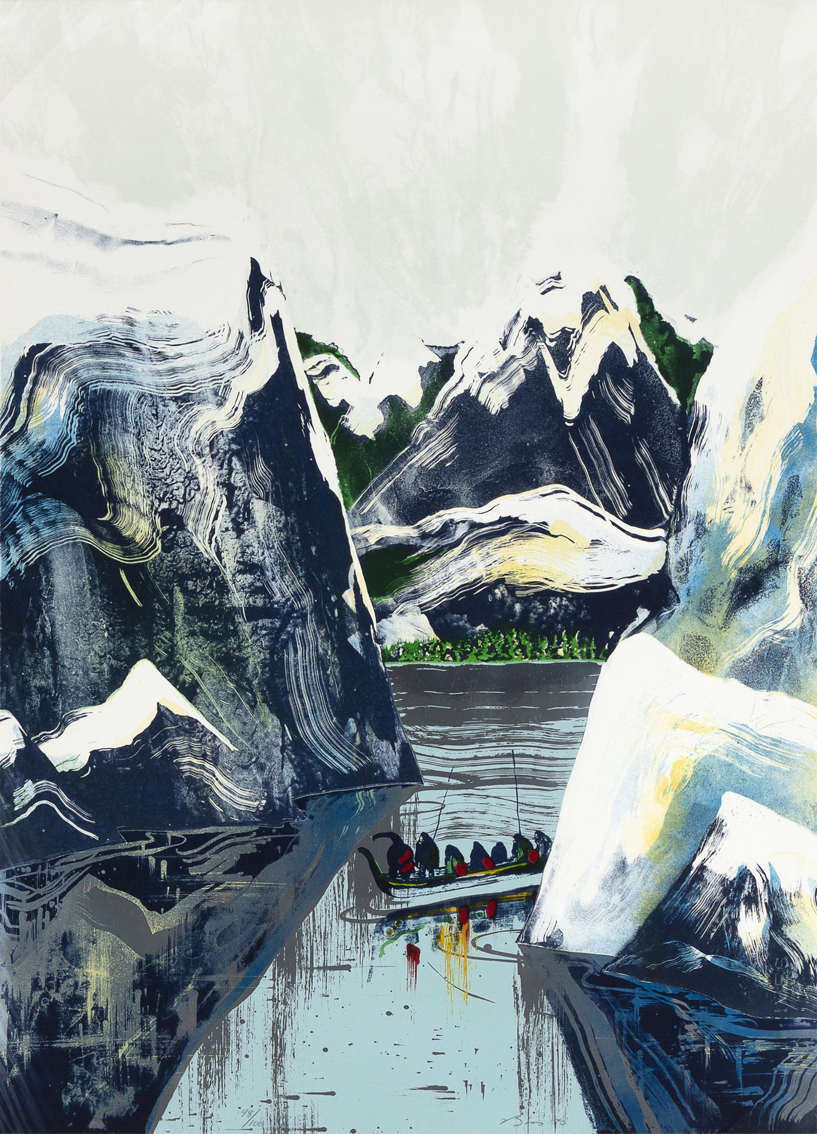 Earl Biss, War Canoes, 1980: Earl BissApsáalooke (Crow), 1947 - 1998War Canoes, 1980serigraph, silver foil, edition 48 of 100editioned lower left: 48/100signed and dated lower right: Biss 8030 x 22 1/4 in. (76.20 x 56.52 cm.)